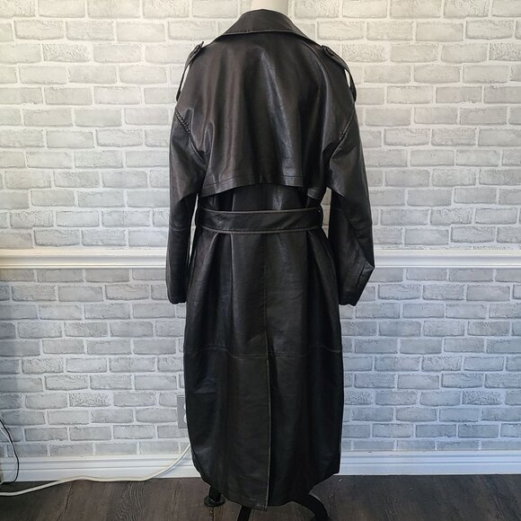 Topshop Black Faux Leather Trench Coat Womens 12 Classic Quiet Luxury Old Money - Picture 2 of 10